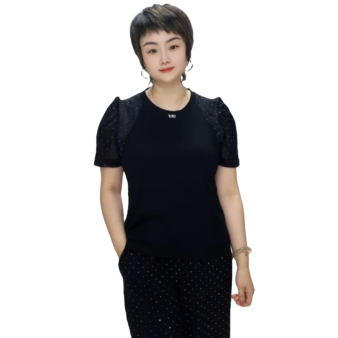 小施家优雅气质女人味拼接闪钻T恤239