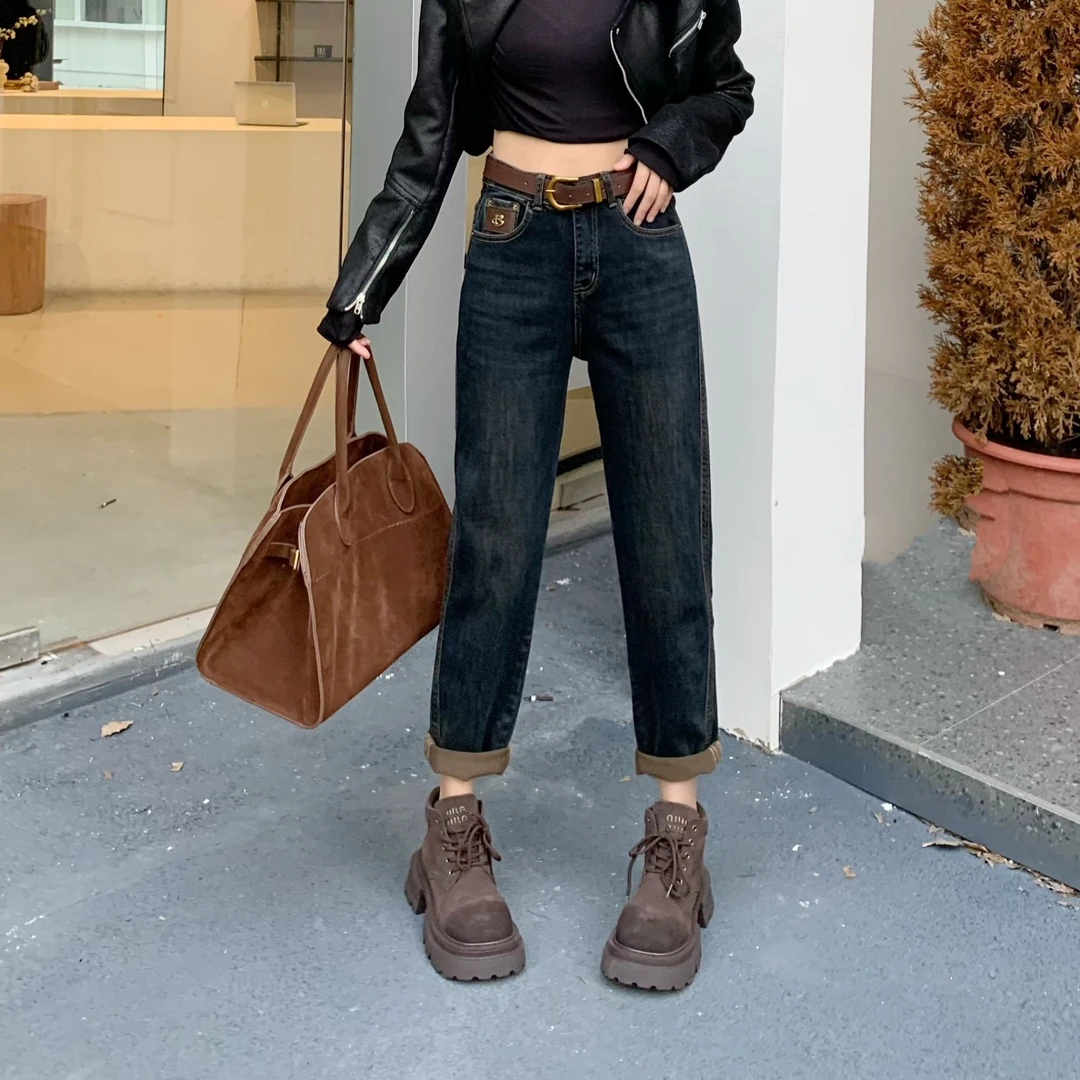 小施家欧版设计拼接时尚高弹老爹牛仔裤8980（L裤长95）