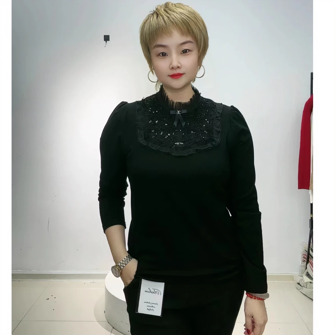 宫廷风气质女人味手工缝珠别致花边薄绒上衣68799