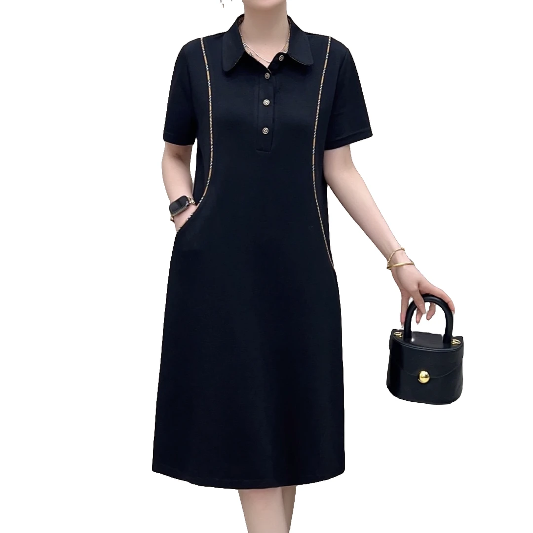 小施家气质别致显瘦翻领拼格优雅连衣裙8386