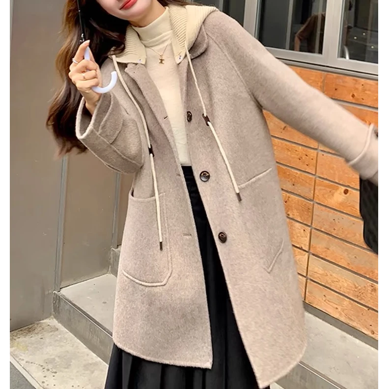 小施家高货时尚设计中长款连帽双面羊毛大衣81408