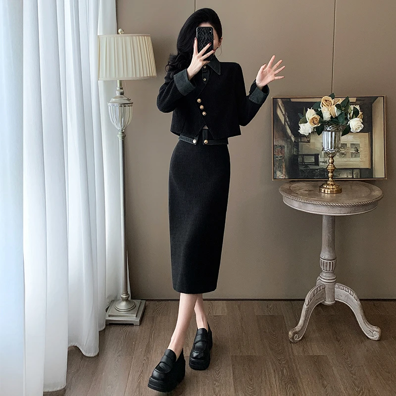 纳凡2024秋新款超显瘦时尚休闲套装裙女气质重工减龄高级感两件套