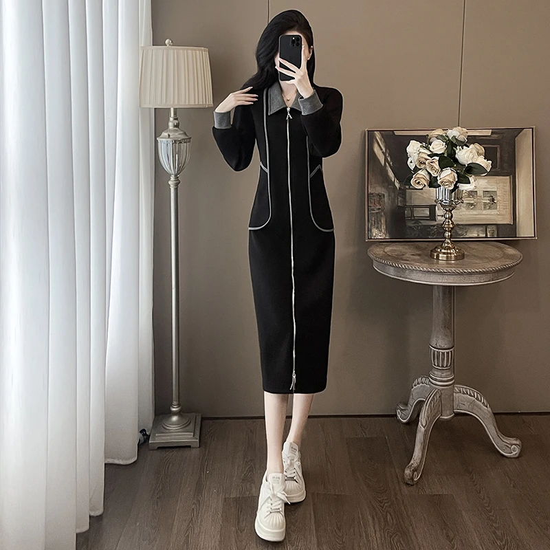 纳凡2024秋季新款超显瘦连衣裙女休闲气质精致优雅设计感黑色裙子