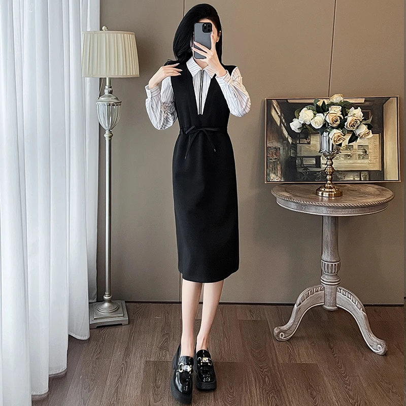 2024秋季新款超显瘦连衣裙女气质优雅精致温柔拼接条纹假两件裙子