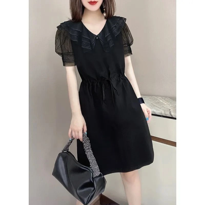 洋气短袖黑色娃娃领网纱拼接收腰气质a字裙子连衣裙2024新款夏季