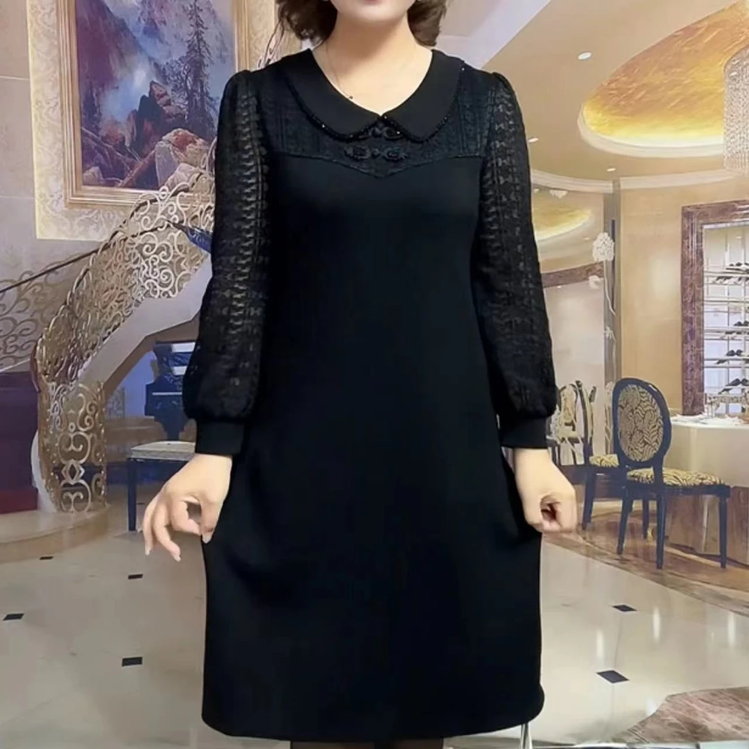 新款重工娃娃领盘扣长袖中长款百搭显瘦气质小黑裙