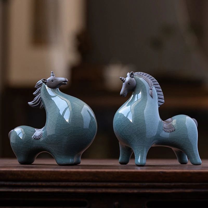 哥窑陶瓷摆件龙马兔牛十二生肖摆件中式玄关酒柜茶桌桌面装饰摆件