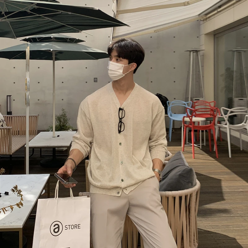 ascloqiao夏季男士时尚百搭薄款针织衫简约宽松开衫纯色休闲风格