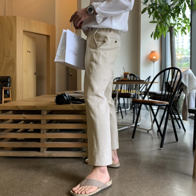 ascloqiao夏季轻薄透气亚麻九分裤宽松修身时尚商务休闲裤慵懒风