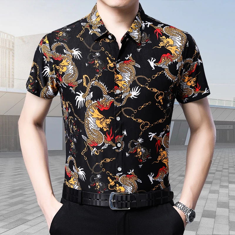 男士衬衫短袖薄款新款印中国风龙纹图案休闲衬衣中年男士花衬衫