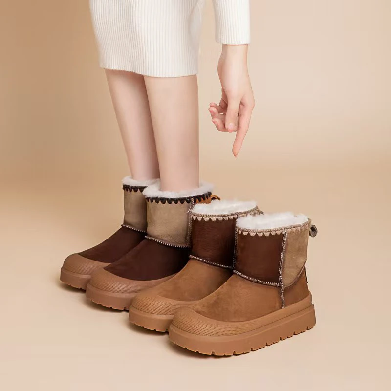 冬季新款头层牛皮真皮加厚羊毛保暖拼色百搭休闲防滑女款雪地靴