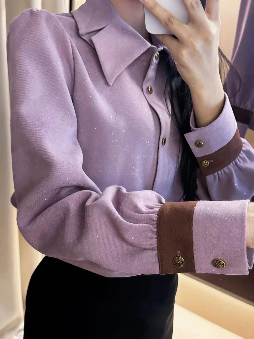 【香芋紫】显白港风复古衬衣小众长袖衬衫女宽松显瘦上衣-3118