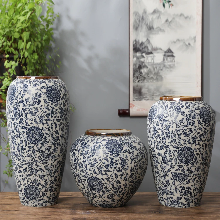 复古青花陶瓷花瓶家居装饰品摆件景德镇陶瓷花器现代中式缠枝莲