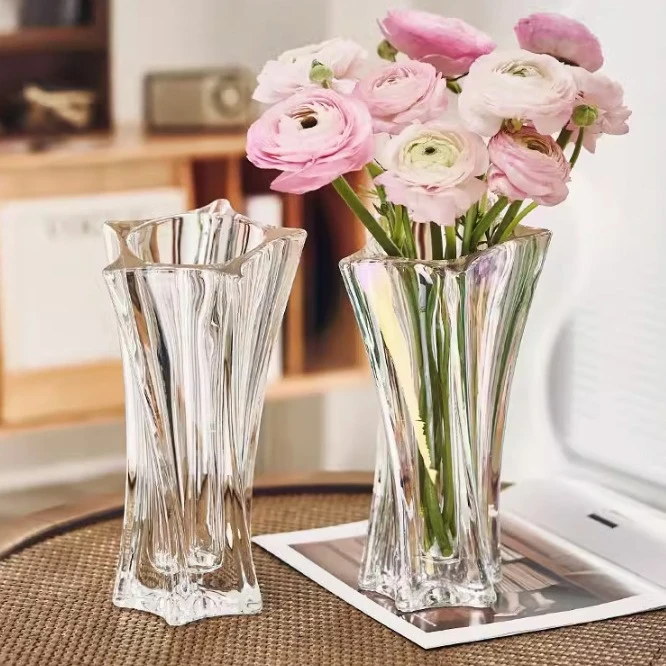新品星星花瓶高档轻奢水晶玻璃花瓶加重加厚纽纹幻彩花瓶大口径