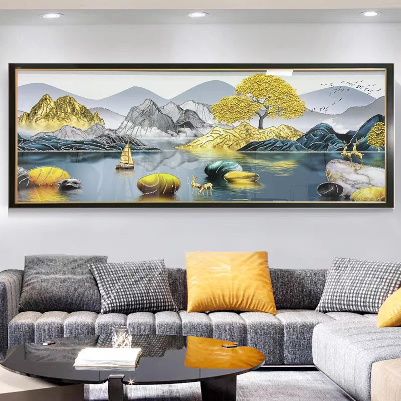Q755【富水金山】山水客厅轻奢沙发挂画钢化玻璃装裱鎏金画