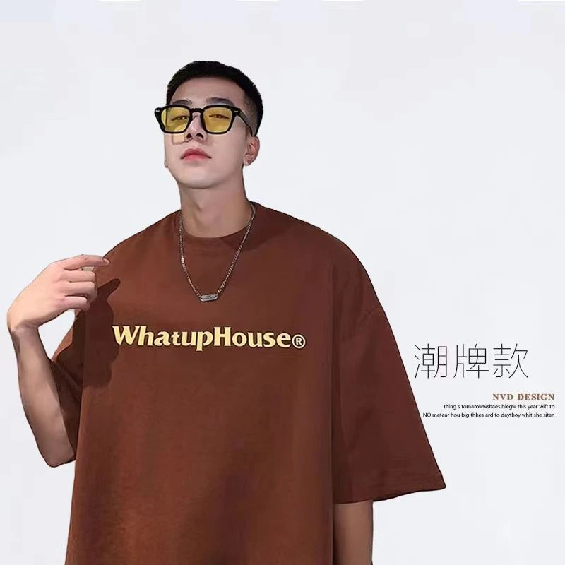 夏季重磅美式短袖T恤男款宽松大码上衣男美式潮流ins字母印花半袖