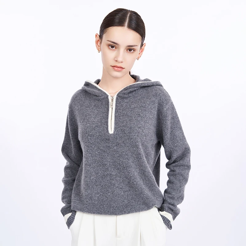 加厚撞色卫衣款拉链半开襟100%山羊绒冬季新款简约百搭女式羊绒衫