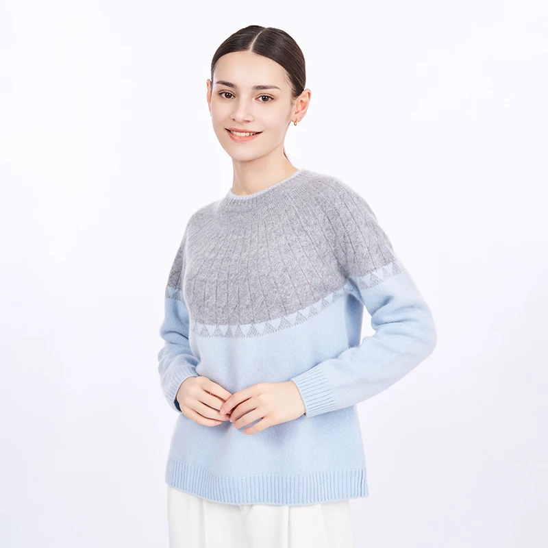 100羊绒拼色麻花套头圆领毛衣女秋冬2024新款宽松针织衫长袖上衣