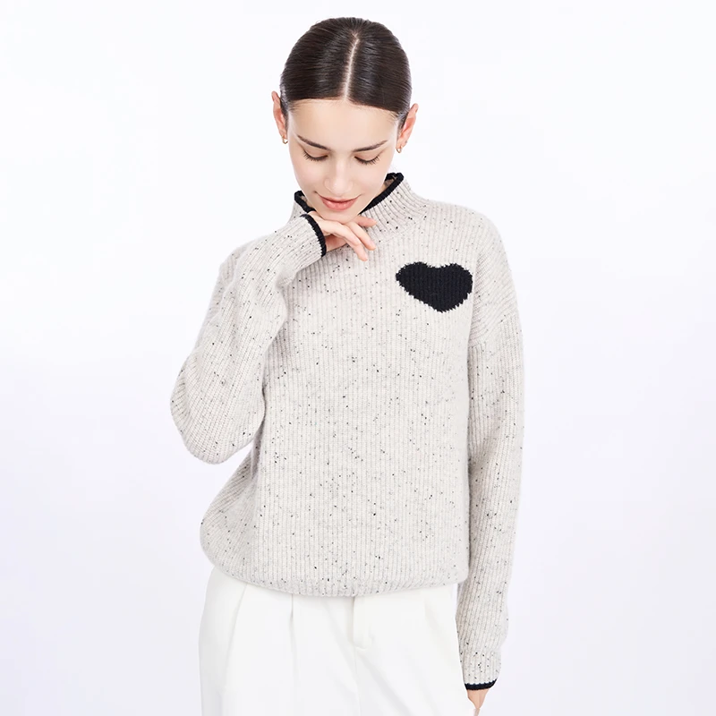 100%山羊绒毛衣女2024年春秋新款复古时尚高领爱心提花针织打底衫