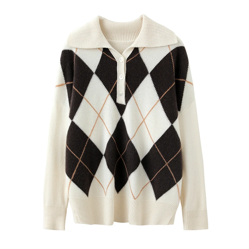 100纯山羊绒女士长袖v领百搭菱形撞色加厚拼接针织套头衫时尚