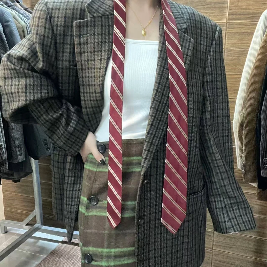 古着vintage中性风西服复古宽松粗花呢外套