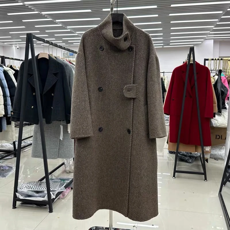 【2426】高端双面羊毛大衣女韩版宽松显瘦立领条纹羊毛呢外套