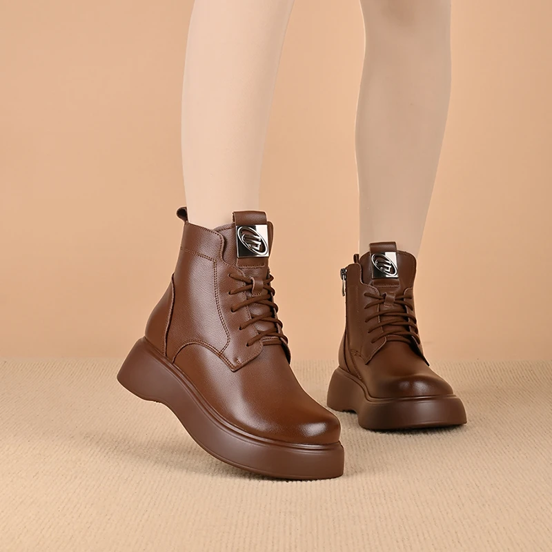 秋冬新款加绒保暖厚底系带简约百搭舒适牛皮软底马丁靴冬季真皮女