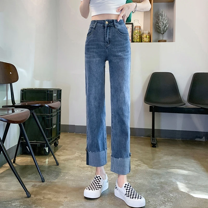 直筒牛仔裤女2023新款宽松高腰翻边小个子显瘦大码九分裤烟管裤