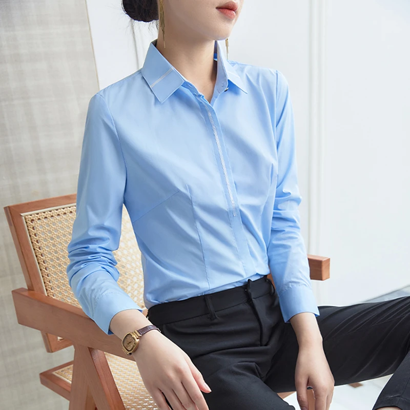 加绒女士高档长袖销售工作服职业通勤女装轻奢蓝色衬衫高级感衬衣