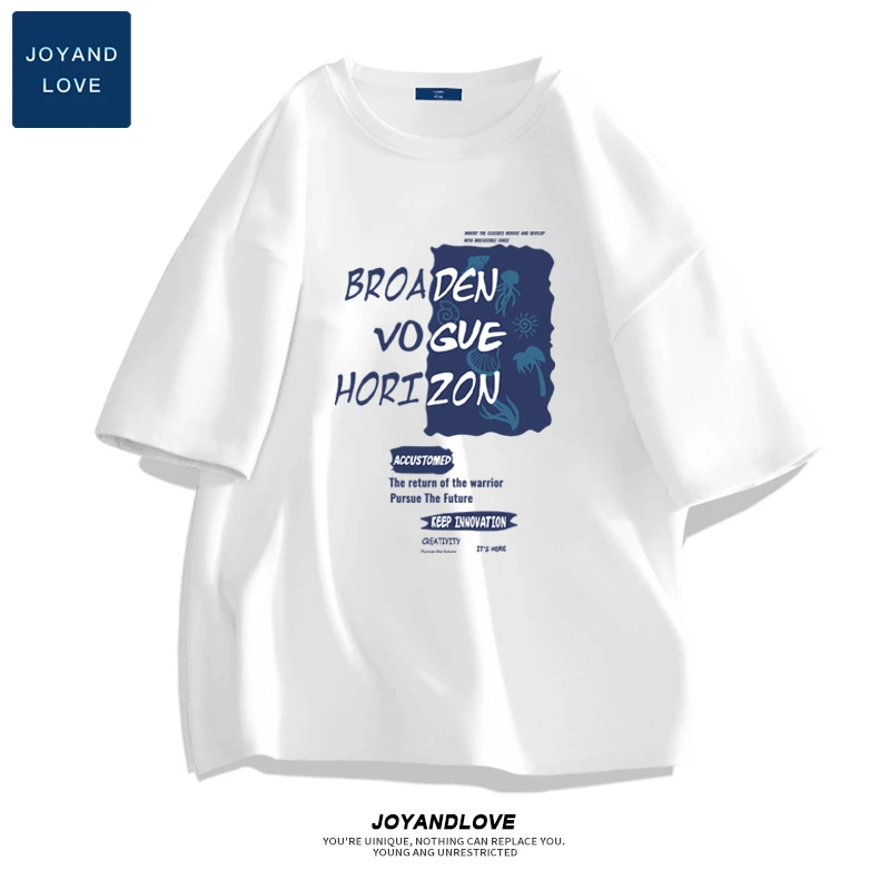 JOYANDLOVE美式短袖男夏季纯棉高街休闲字母男士白色t恤男款半袖