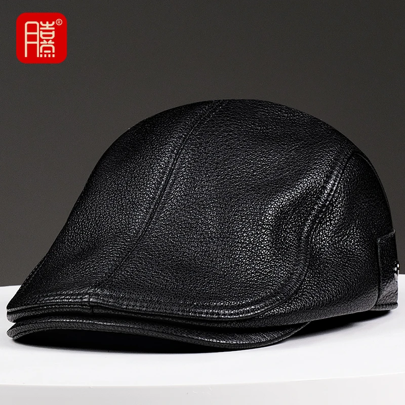 真皮帽子男中老年纯羊皮前进帽高档贝雷帽四季帽男秋冬时尚鸭舌帽