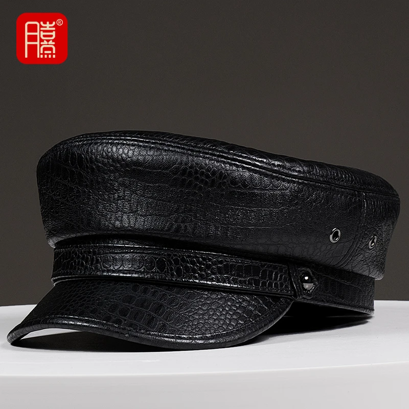 鸭舌帽男士秋冬复古平顶帽羊皮帽子仿鳄鱼纹真皮帽子时尚中老年帽