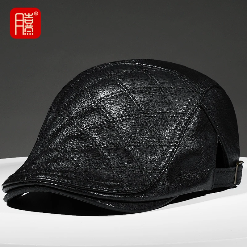 帽子男士鸭舌帽真皮中老年真皮秋冬季户外前进帽羊皮老头保暖帽子
