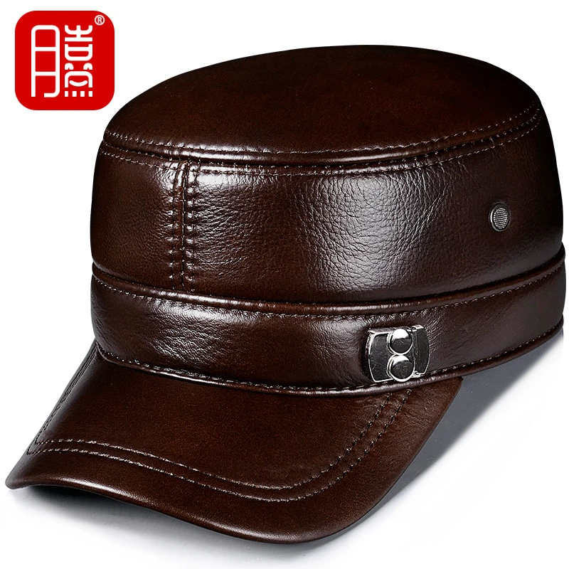 中老年人男帽子冬加厚真皮防寒加棉春秋保暖护耳头层牛皮平顶帽子