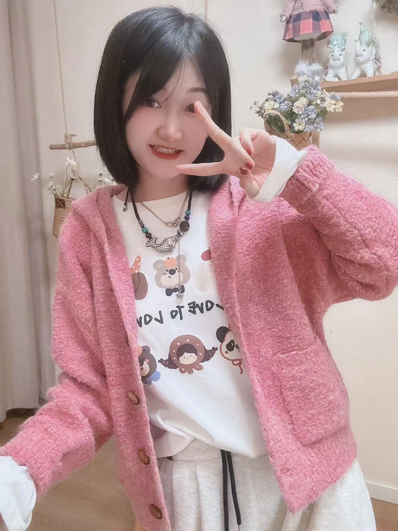 【红花绿叶】婷婷同款推荐 时尚百搭纯色带帽休闲针织开衫