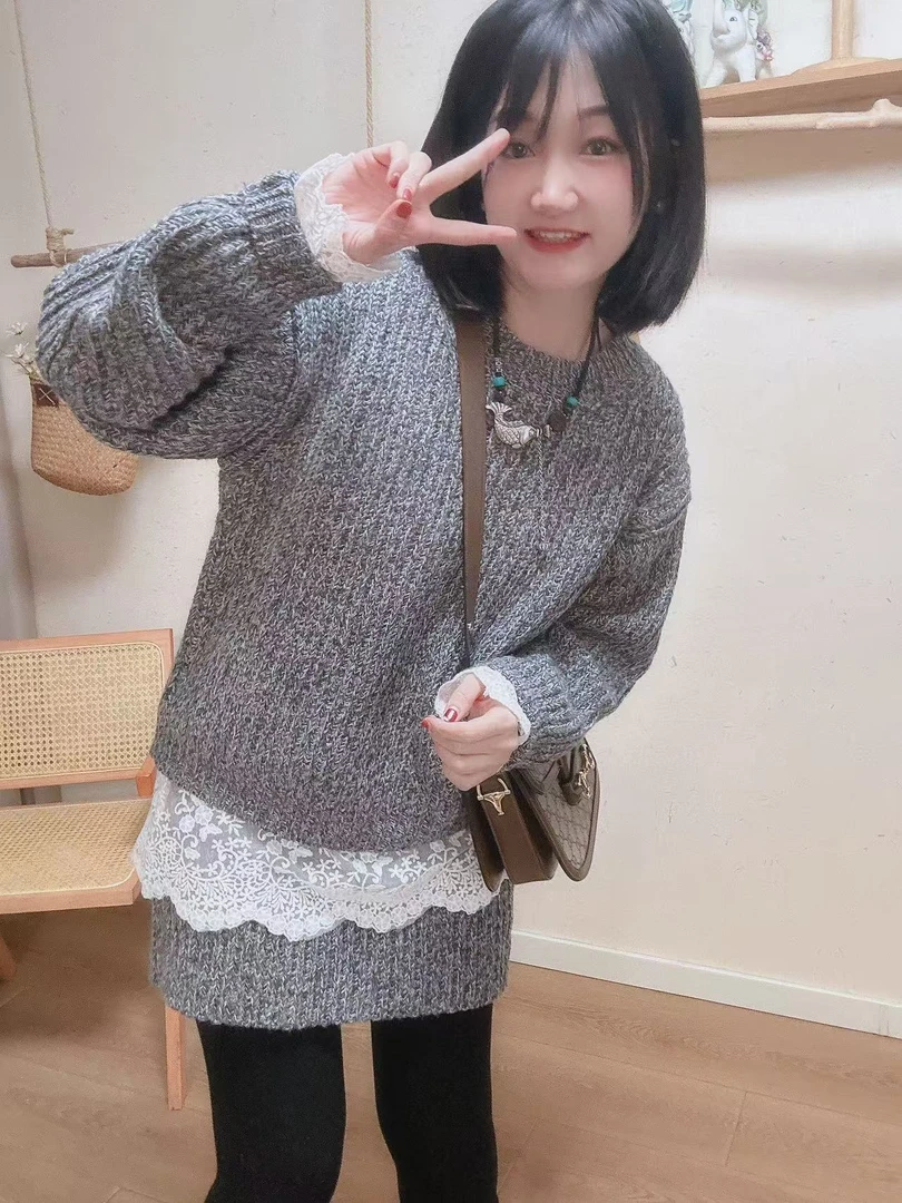 【灰色爱恋】婷婷同款推荐 针织毛衣短裙两件套装内搭蕾丝单独拍