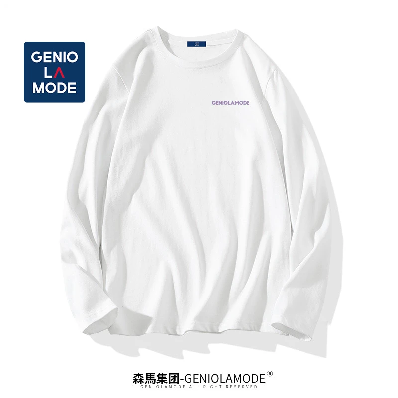 GENIOLAMODE黑色纯棉打底衫男潮流简约针织圆领休闲长袖百搭t恤春