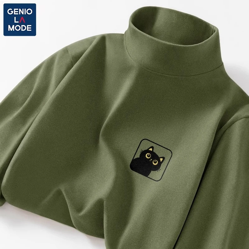 GENIOLAMODE绿色加绒打底衫男2025冬季保暖绒半高领t恤男士大码内