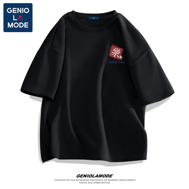 GENIOLAMODE 男圆领T恤短袖夏季国潮樂字简约男士宽松情侣青春t恤