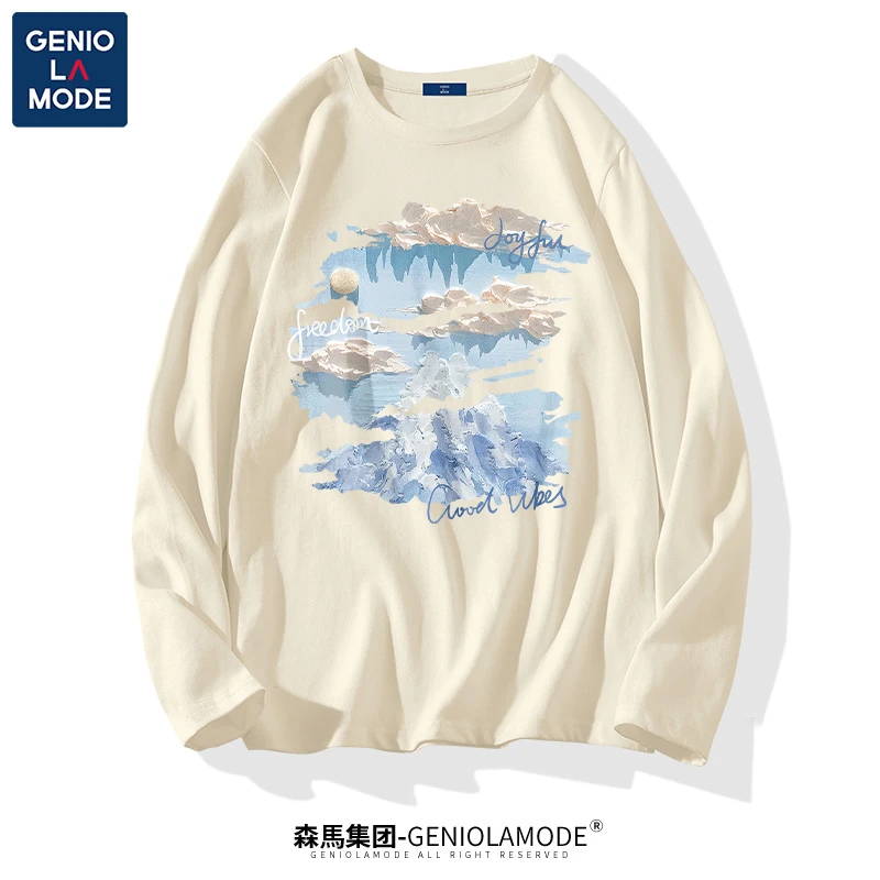 GENIOLAMODE宽松圆领纯棉长袖t恤男2025春秋新款青少年运动体恤潮