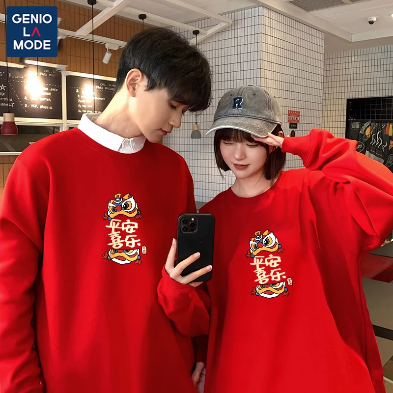 GENIOLAMODEG个性红色卫衣男士新年款秋冬宽松圆领情侣款时尚外套