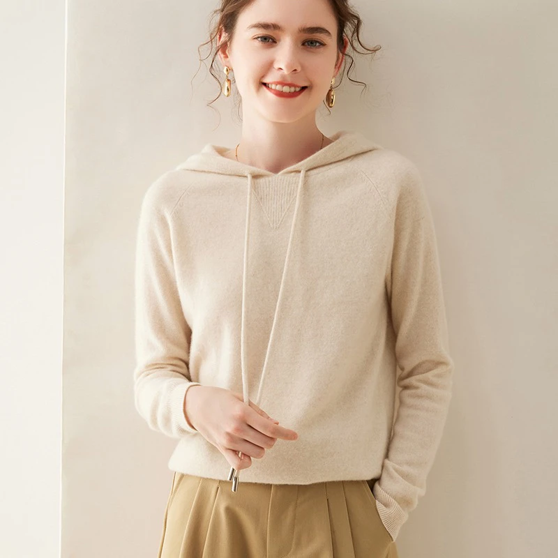 12针时尚休闲带帽山羊绒衫显瘦长袖针织百搭连帽宽松纯色女士