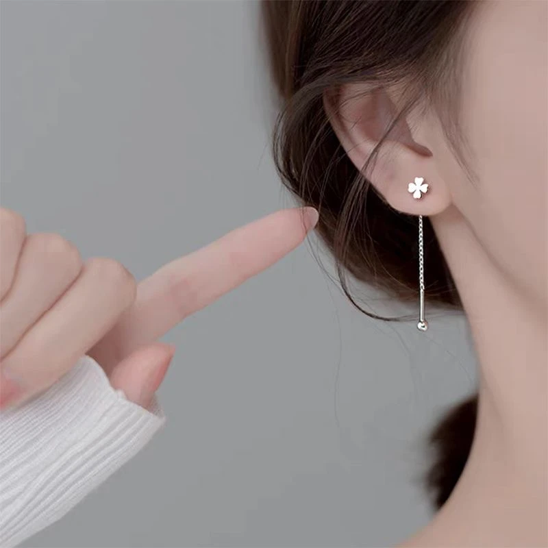 合金耳饰 s925银四叶草小耳线短款耳环女螺丝拧耳钉森系流苏耳坠