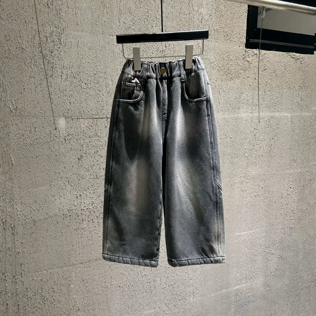 promising新品儿童秋冬加绒宽松直筒阔腿牛仔裤子水洗百搭