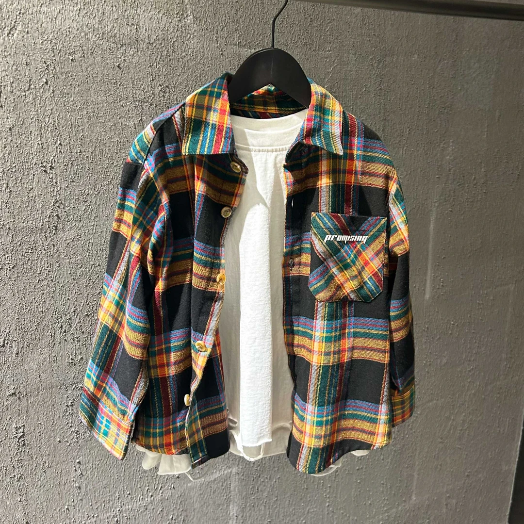 Promising复古春秋新款格子衬衫儿童男女童装宽松