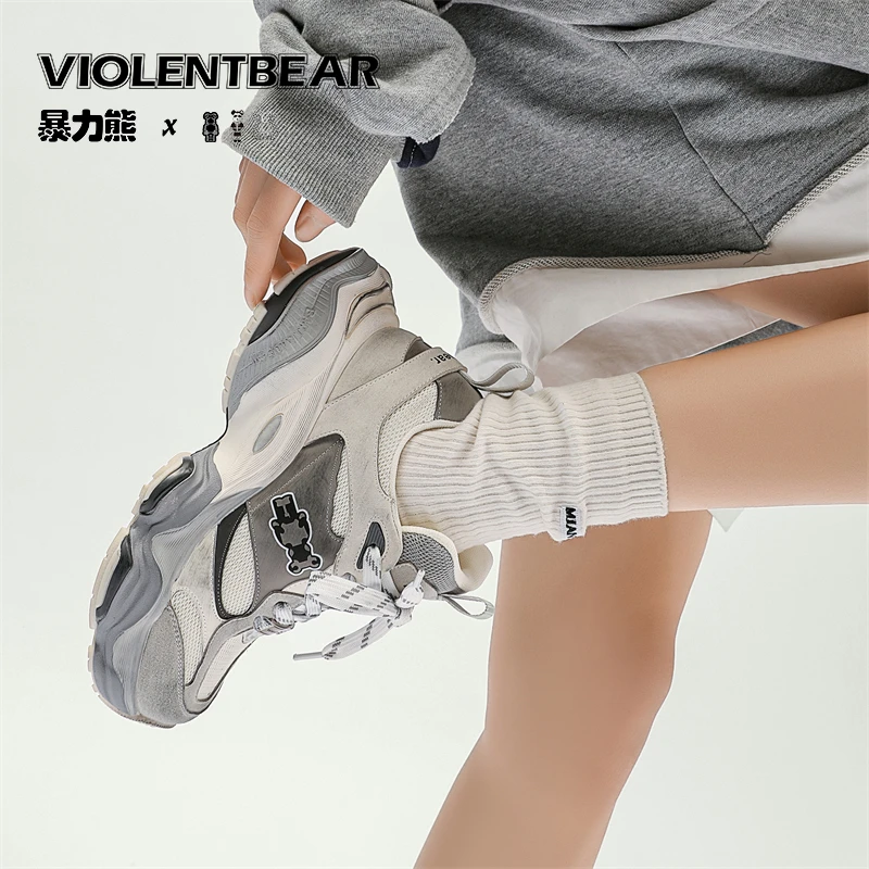 暴力熊新款百搭透气潮流做旧网格老爹鞋低帮休闲鞋ins厚底纯棉951