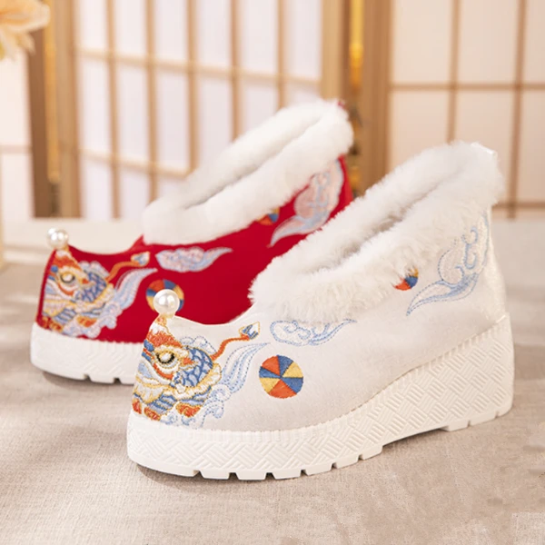 明制汉服鞋冬新加绒高跟翘头履古装绣花鞋马面裙翘头弓鞋女靴棉靴