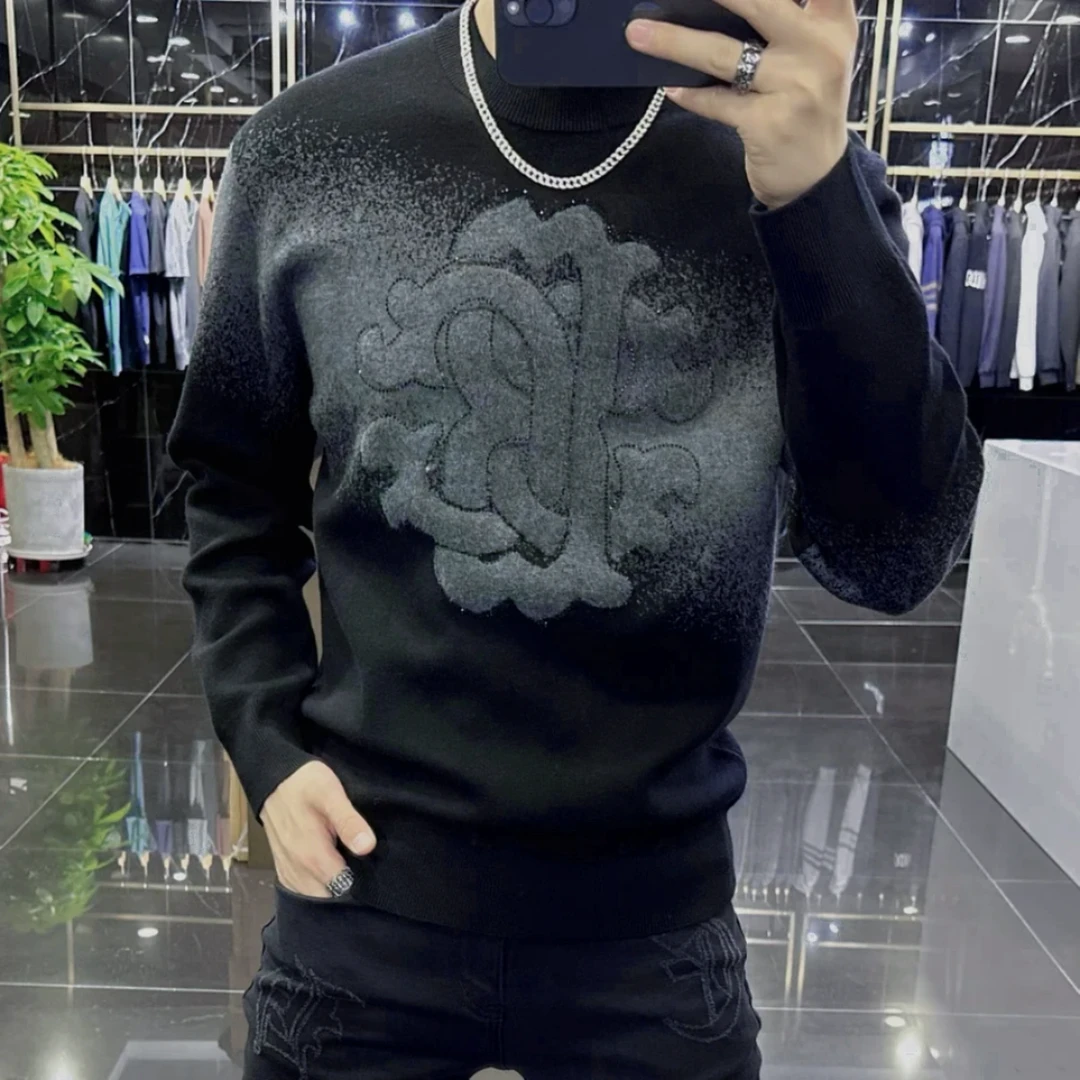 《珂玛伊专属》春季新款潮流刺绣提花男士时尚男女同款圆领保暖毛衣