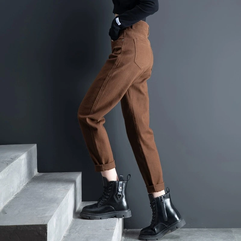 高腰显瘦棕色牛仔裤加厚2025秋冬加绒宽松哈伦小脚萝卜九分老爹裤
