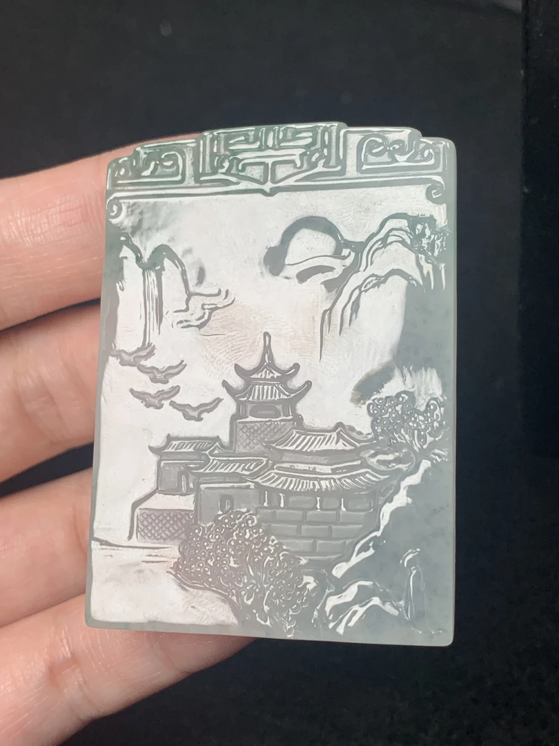 【玉良缘】天然A货翡翠缅料冰胶山水牌挂件